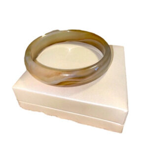 GENUINE Brown & White Banded Brazilian Agate Gemstone Bangle Bracelet 8.5” 8mm